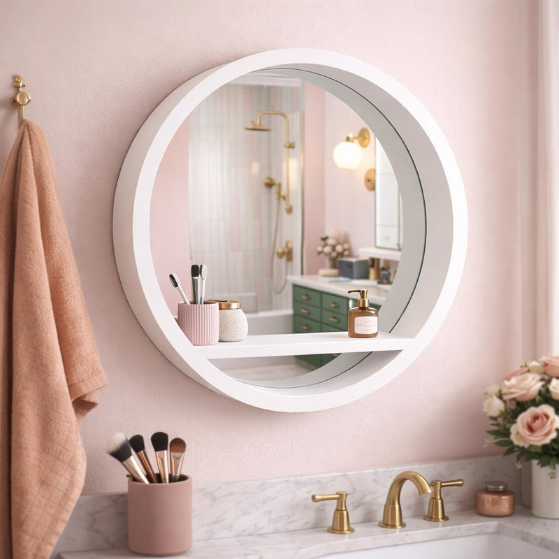 35cm White Round Wall Mirror with Shelf Porthole Design