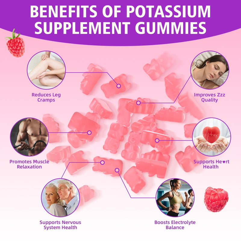 Potassium Chloride Gummies 1200mg - Muscle Health & Leg Cramps Support (60 Count) Raspberry