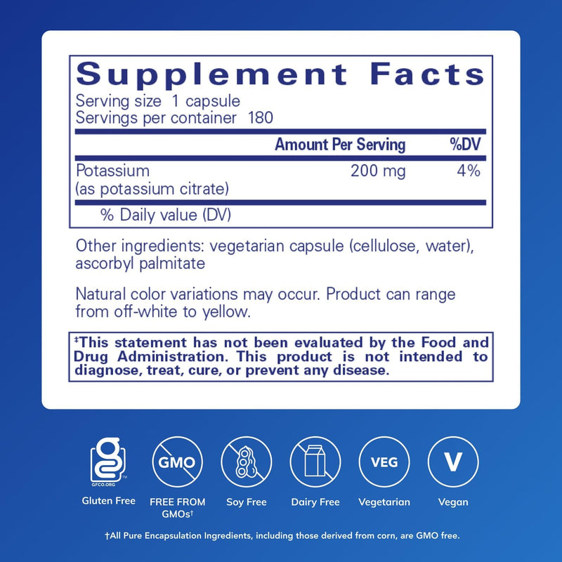 Pure Encapsulations Potassium (Citrate) – Essential Electrolyte for Nerve, Heart & Energy | 180 Capsules