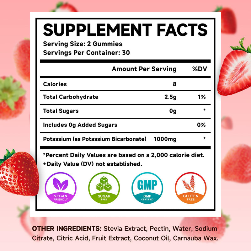 Potassium Gummies 1000mg – Strawberry (Sugar-Free) 60 Count