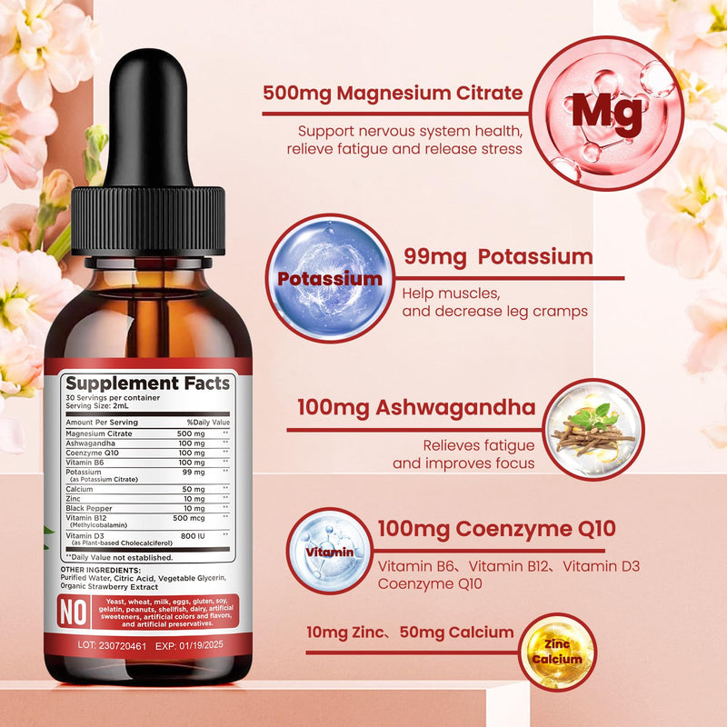Potassium Magnesium Citrate Liquid Drops 500mg – Ashwagandha, Calcium, Zinc, Vitamin D3, B6, B12, CoQ10 | Vegan 2 fl oz