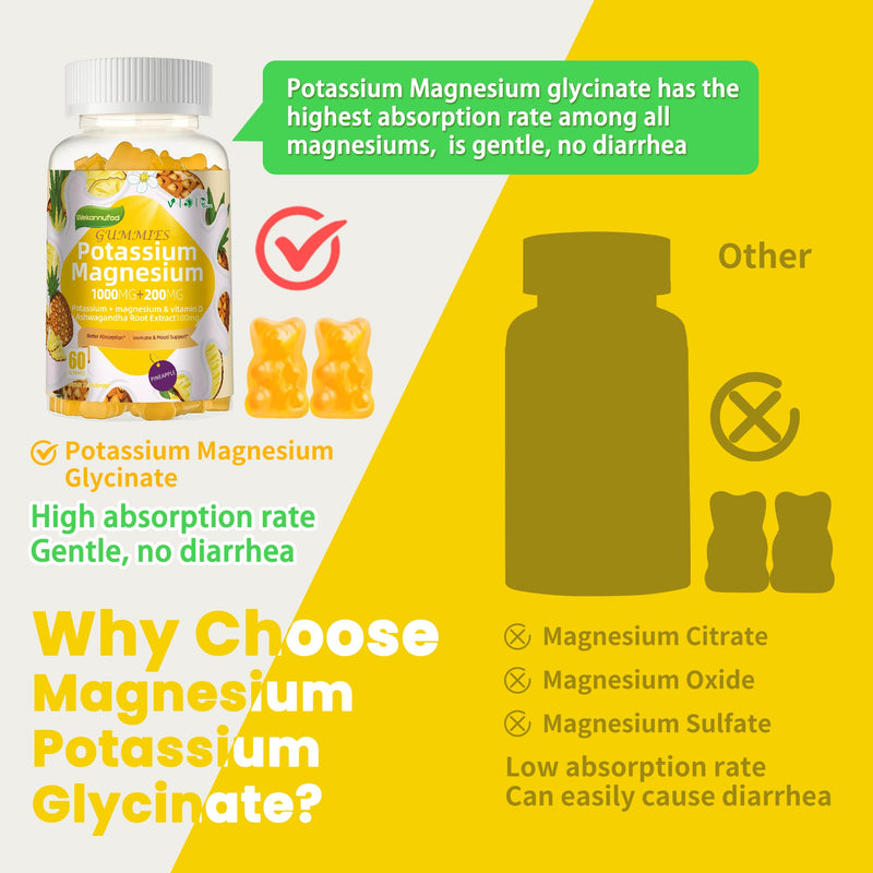 Potassium Magnesium Gummies – High Absorption Magnesium Glycinate, B6, D3 | Sugar-Free 120 Gummies