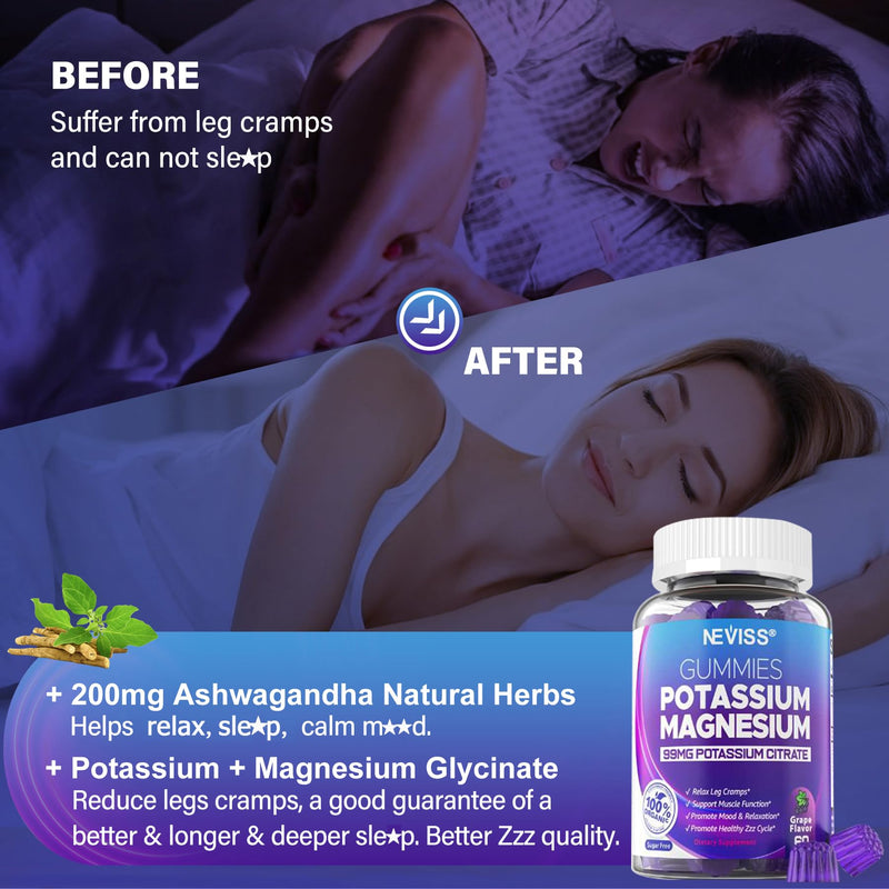 Potassium Magnesium Gummies - Ashwagandha 200mg, Mg Glycinate, B6 & B12 | Sugar-Free 2-Pack