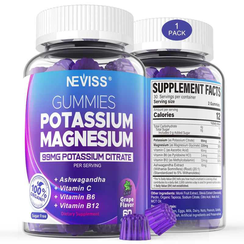 Potassium Magnesium Gummies – Ashwagandha, Magnesium Glycinate, B6 & B12, Potassium Citrate | Sugar-Free Electrolyte Gummies for Leg Cramps and Muscle (1 Pack)