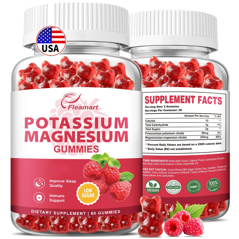 Potassium Magnesium Gummies – Potassium Citrate 99mg & Magnesium Citrate 250mg | Immune Support Raspberry, 60 Gummies (2 Pack)