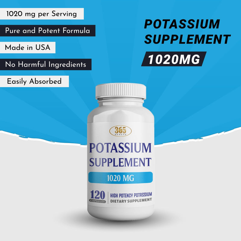 365 Health Potassium Supplement 1020 mg | Potassium Bicarbonate | Non-GMO | Gluten Free | Made in USA | 120 Vegetarian Capsules