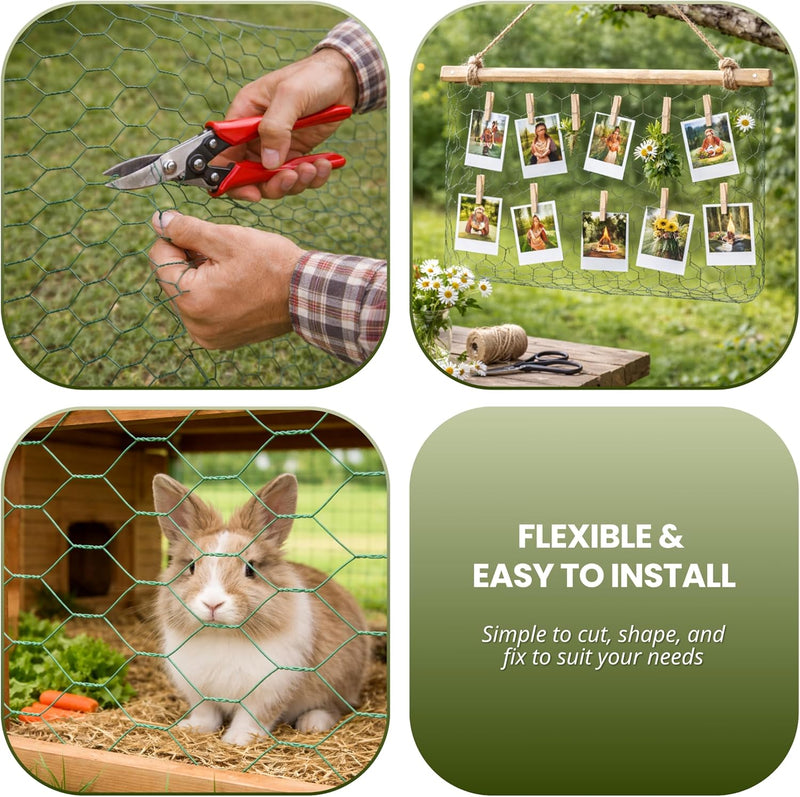 5m Green PVC Coated Chicken Wire Mesh Roll with Fixings