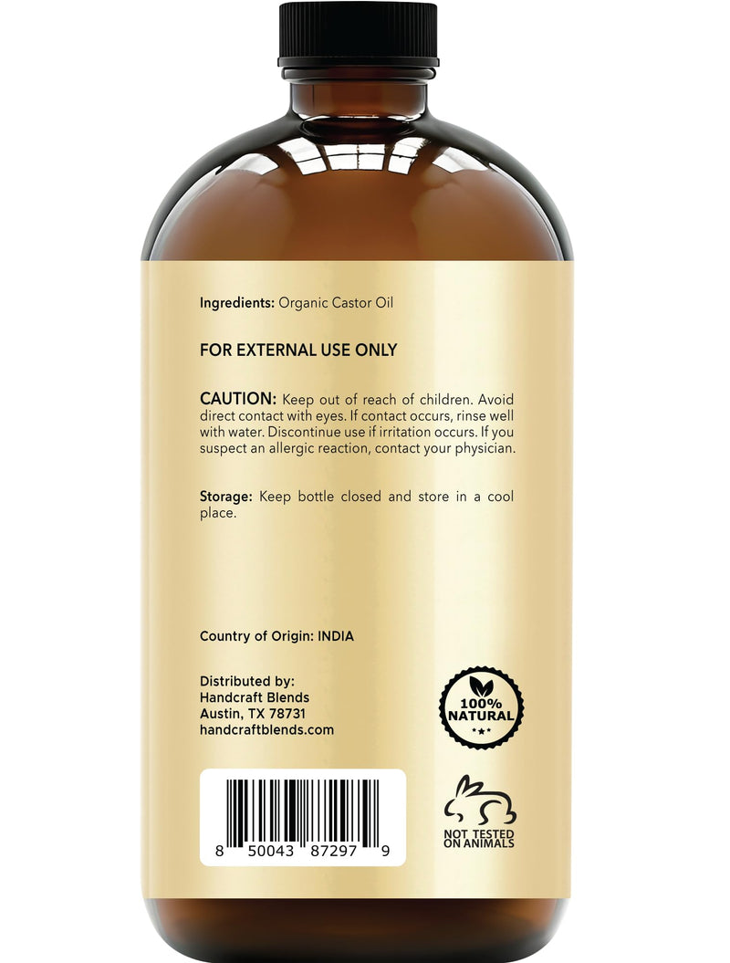 Handcraft Blends Cold-Pressed Organic Castor Oil 16 Fl Oz | Glass Bottle | 100% Pure & Natural | Premium Grade Carrier Oil | Hair, Eyelashes and Eyebrows | Hair and Body