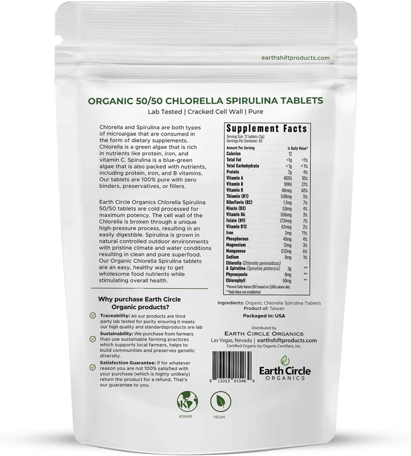 Earth Circle Organics Premium Organic Chlorella & Spirulina Tablets 1000 Count (50/50) – Cracked Cell Wall for Maximum Absorption | Vegan, Kosher Green Algae Superfood | Pack of 2