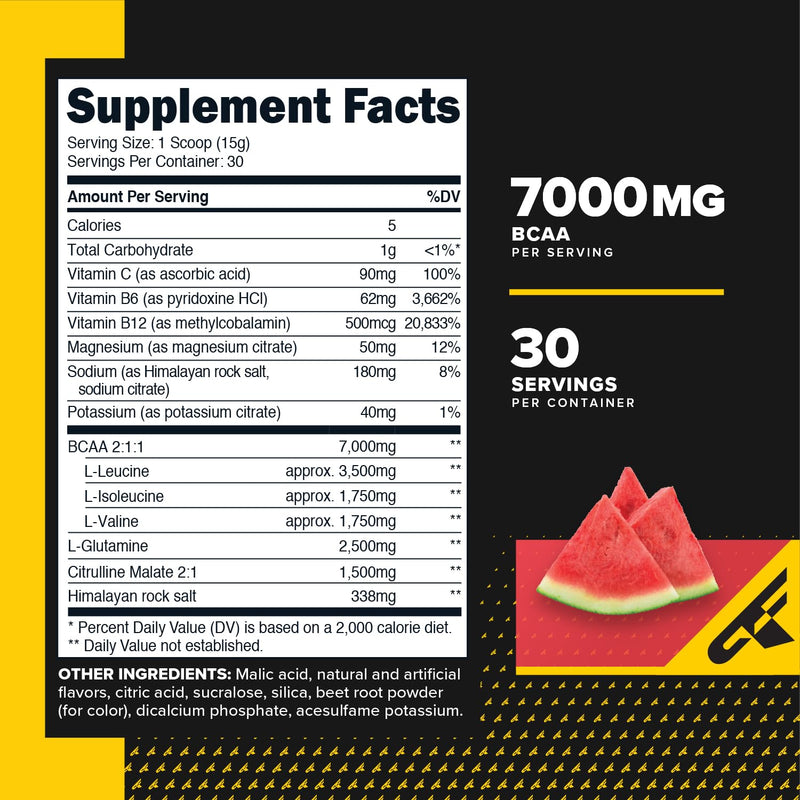 Primaforce BCAA Powder (Watermelon) - 7000MG BCAAs 2:1:1, 30 Servings