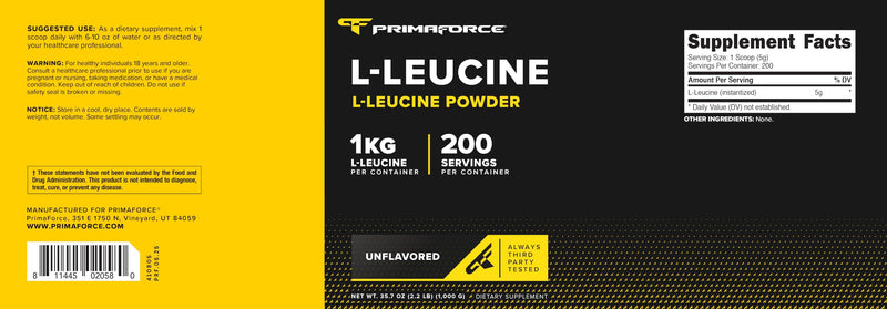Primaforce L-Leucine Pure Powder 1 KG (2.2lbs) – Non-GMO, Gluten Free, 200 Servings