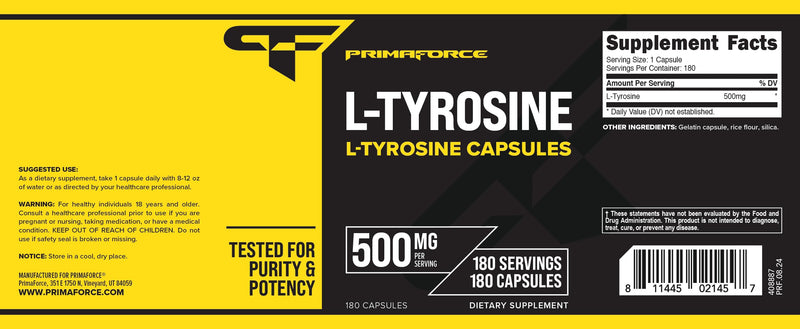 Primaforce L-Tyrosine Capsules | 180 Count, 500 mg per Serving
