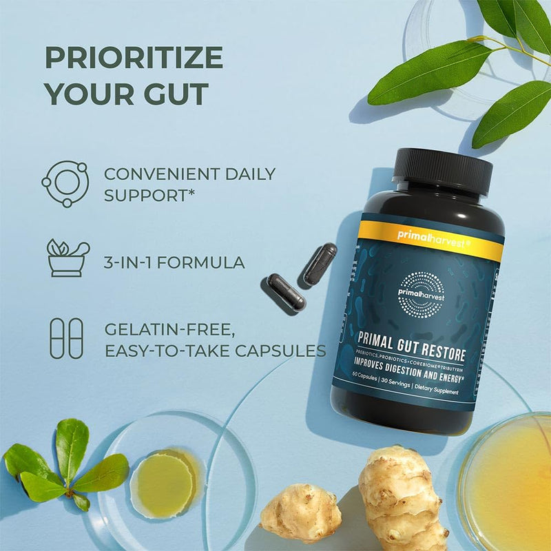 Primal Harvest 2 Pack Primal Gut Restore for Digestive Health | Prebiotics Probiotics Postbiotics (60 CT)