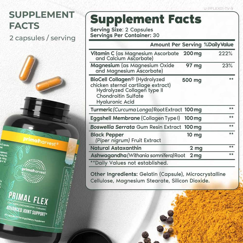 Primal Harvest Primal Flex - Turmeric, Hyaluronic Acid & Type II Collagen (60 Count, 2 Pack)