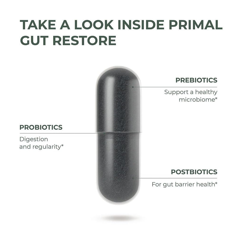 Primal Harvest Restore Gut Health – PRE/PRO/Postbiotics, 60 CT | Digestive Support for Women & Men