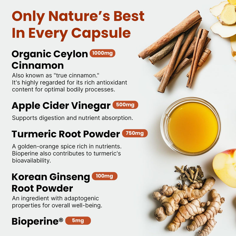 PrimeMD 5-in-1 Ceylon Cinnamon Capsules 2355mg with Apple Cider Vinegar, Turmeric, Panax Ginseng & Bioperine (Pack of 2, 120 Count)