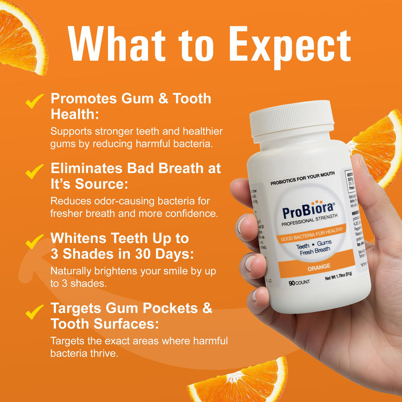 ProBiora Professional Strength Oral Probiotics for Teeth & Gums | Bad Breath & Whitening | 90 Orange Tablets