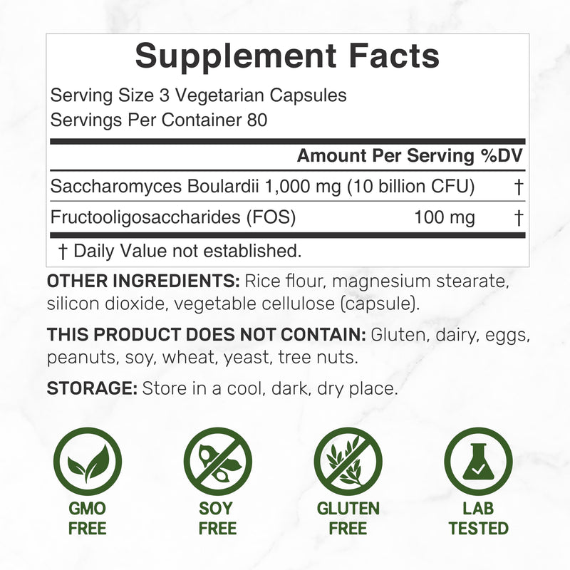 Saccharomyces Boulardii Probiotics + FOS – 10 Billion CFU, 240 Veggie Capsules | Gut, Immune & Digestive Health – Non-GMO