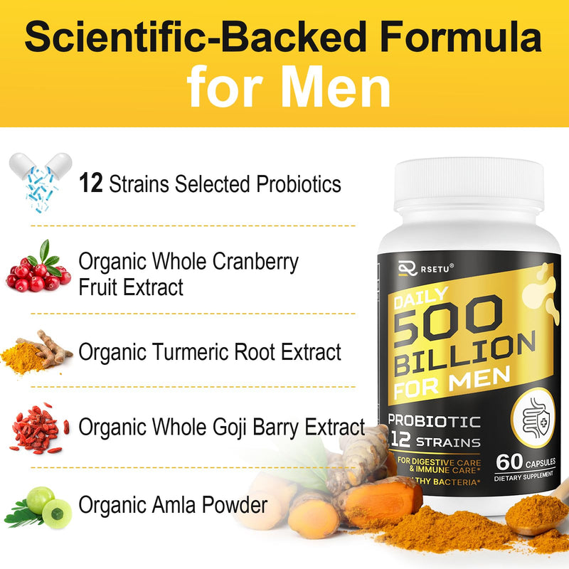 RSETU Probiotics for Men – 500B CFUs, 12 Strains, Turmeric Cranberry Goji
