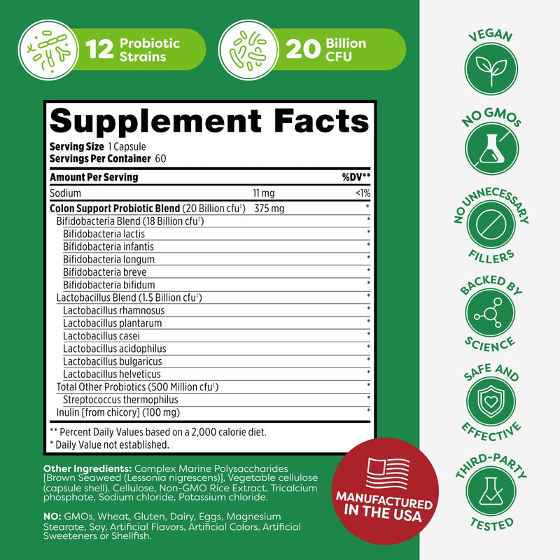 Probulin Colon Support Probiotic - 20 Billion CFU, Vegan Capsules, Digestive & Immune Health | 60 Count
