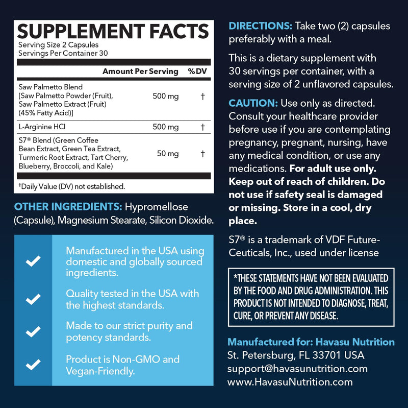 Saw Palmetto 500mg + L-Arginine 500mg — Prostate Health, Urinary Support & Endurance (60 Count) — Vegan, Non-GMO
