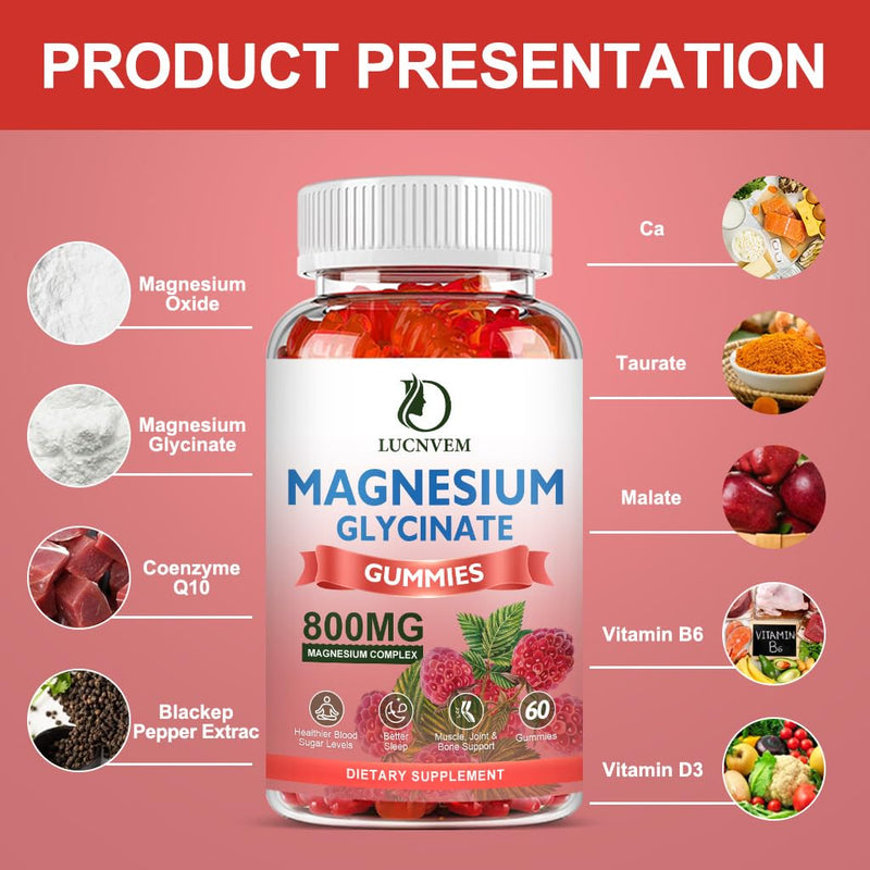 Sugar Free Magnesium Glycinate Gummies - 500mg Mg Glycinate, 60 Raspberry Gummies