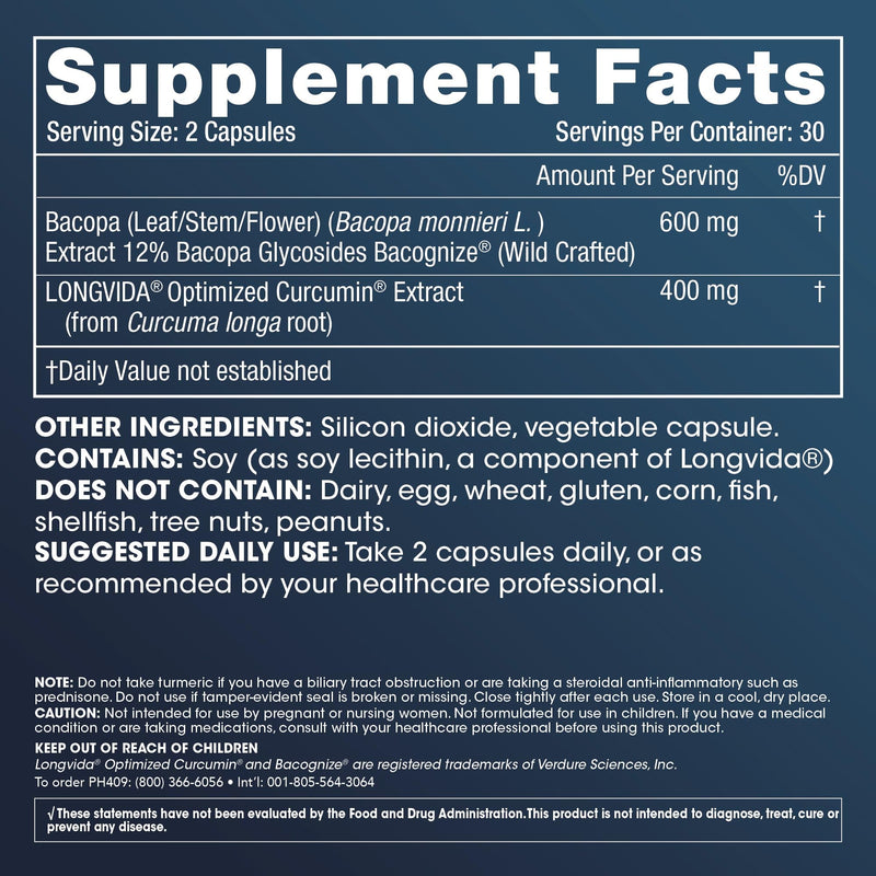 ProHealth 2-Pack Brain & Focus - Optimized Curcumin Longvida with BaCognize Bacopa Monnieri (60 Veggie Capsules)