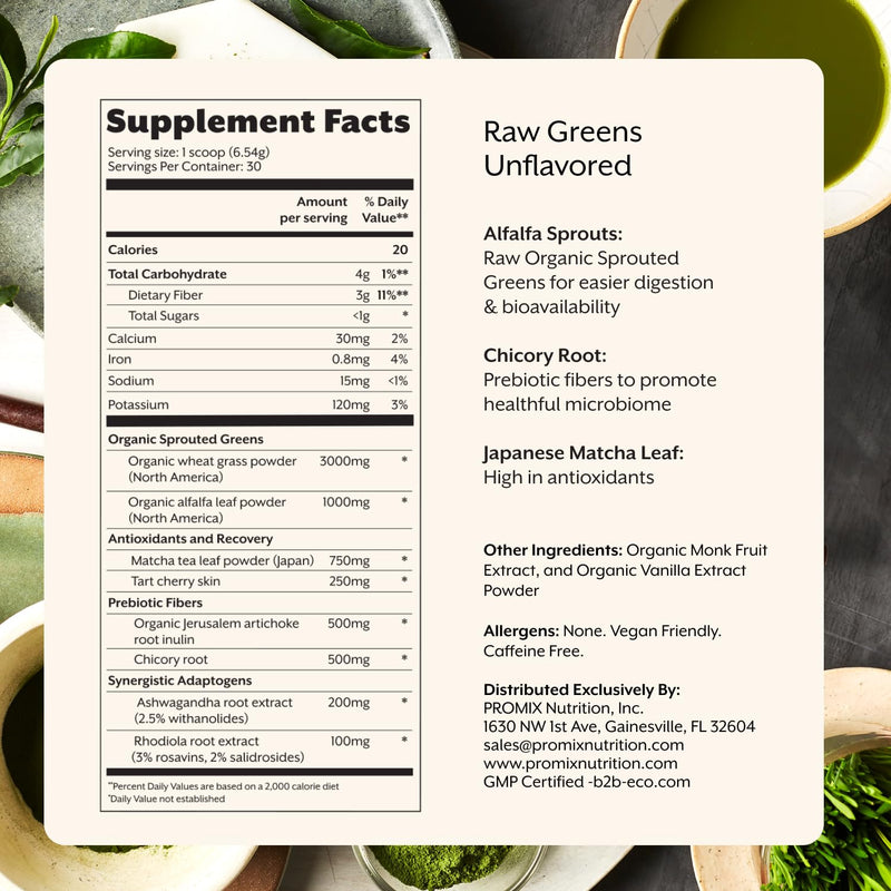 ProMix Nutrition Raw Greens Superfood Blend - Sprouted Alfalfa, Wheatgrass, Ashwagandha & Rhodiola - 30 Servings