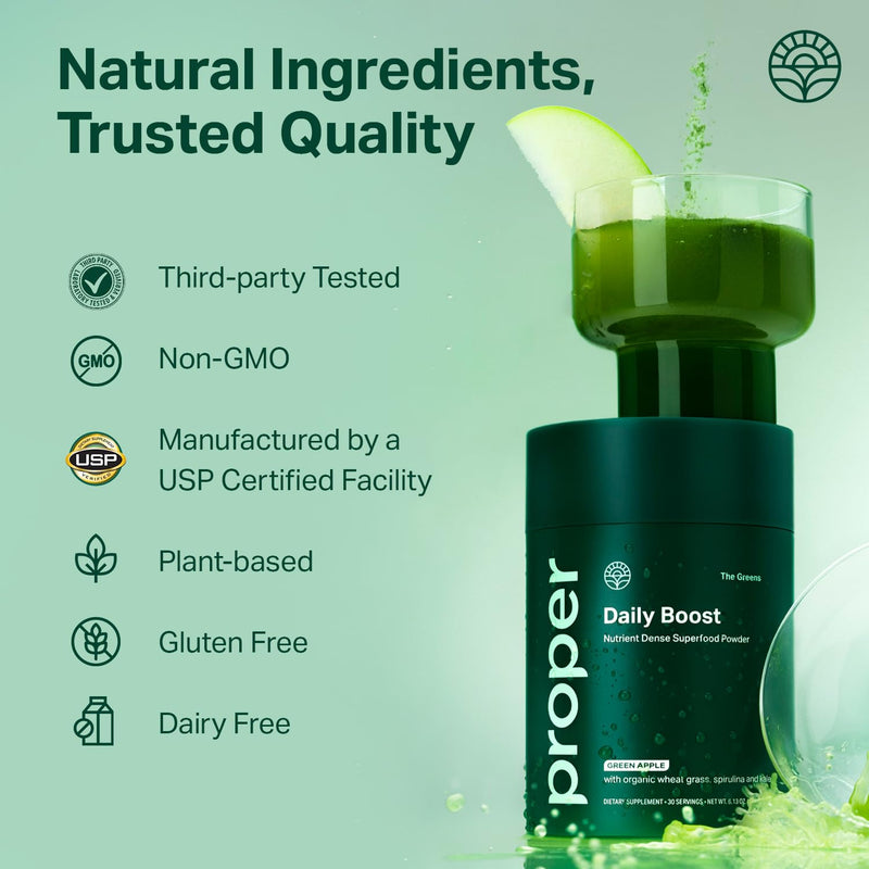 Proper The Greens Daily Boost Organic Greens Powder – Apple Flavor, Wheatgrass, Spirulina & Chlorella