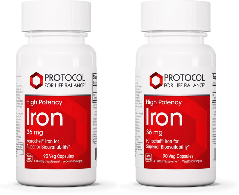 Protocol For Life Balance Iron 36mg - Ferrochel Bioavailable Iron for Energy & Immunity - 90 Veg Capsules (Pack of 2)