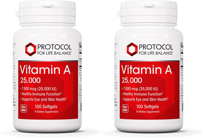 Vitamin A 25,000 IU - Eye & Immune Health | Protocol For Life Balance | 100 Softgels (2-Pack)