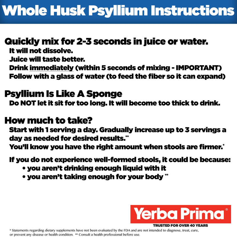 Yerba Prima Psyllium Husk, 12 Ounce - Whole Husk Fiber Supplement, Vegan, No Sugar or Artificial Sweeteners, Non GMO, Gluten Free
