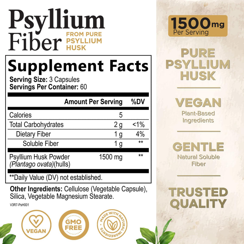 Psyllium Husk Capsules 1500 mg — Vegan Fiber Supplement for Digestive Health & Regularity | Non-GMO, 180 Veggie Capsules