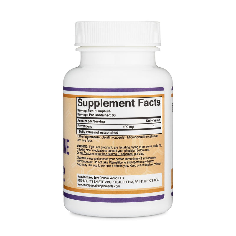Double Wood Pterostilbene 100mg Capsules – 60 Count Pack of 2 | Third-Party Tested, Non-GMO, Gluten Free