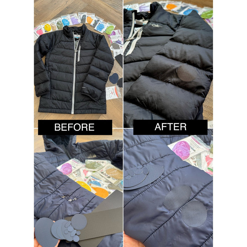 Repair Patches (30+ Colours) for Puffer Jackets, Tents, Upholstery - Stick On, Waterproof, Tear-Cold-Heat-Resistant