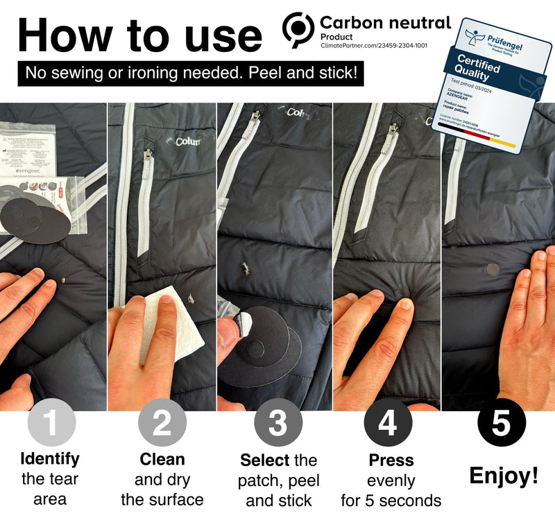 Repair Patches (30+ Colours) for Puffer Jackets, Tents, Upholstery - Stick On, Waterproof, Tear-Cold-Heat-Resistant