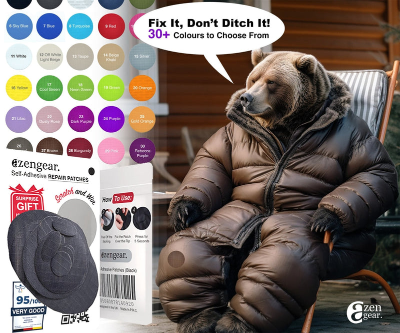 Repair Patches (30+ Colours) for Puffer Jackets, Tents, Upholstery - Stick On, Waterproof, Tear-Cold-Heat-Resistant