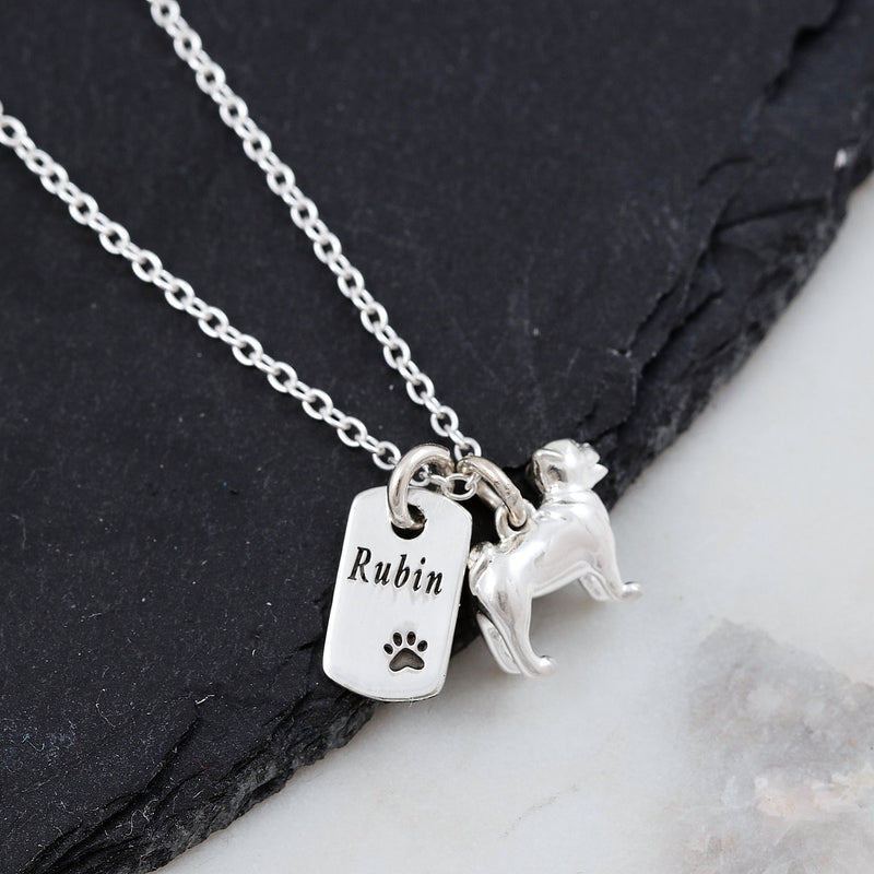 Pug Personalised Silver Dog Tag Necklace