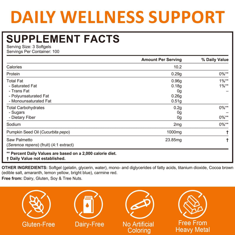 Pumpkin Seed Oil Capsules with Saw Palmetto — Cold-Pressed for Hair Growth, Prostate & Urinary Health | Non-GMO, 300 Softgels