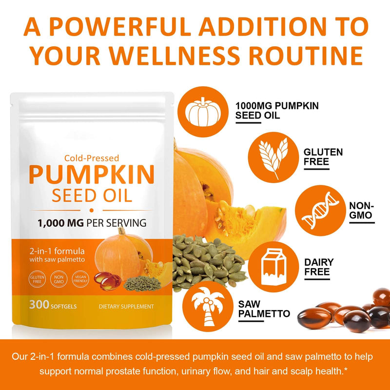 Pumpkin Seed Oil Capsules with Saw Palmetto — Cold-Pressed for Hair Growth, Prostate & Urinary Health | Non-GMO, 300 Softgels