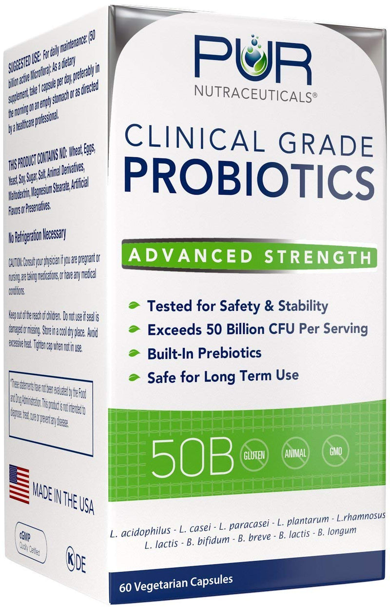 PUR Nutraceuticals Clinical Grade Probiotics - 50 Billion CFUs, 10 Strains, 2 Month Supply, Made in USA