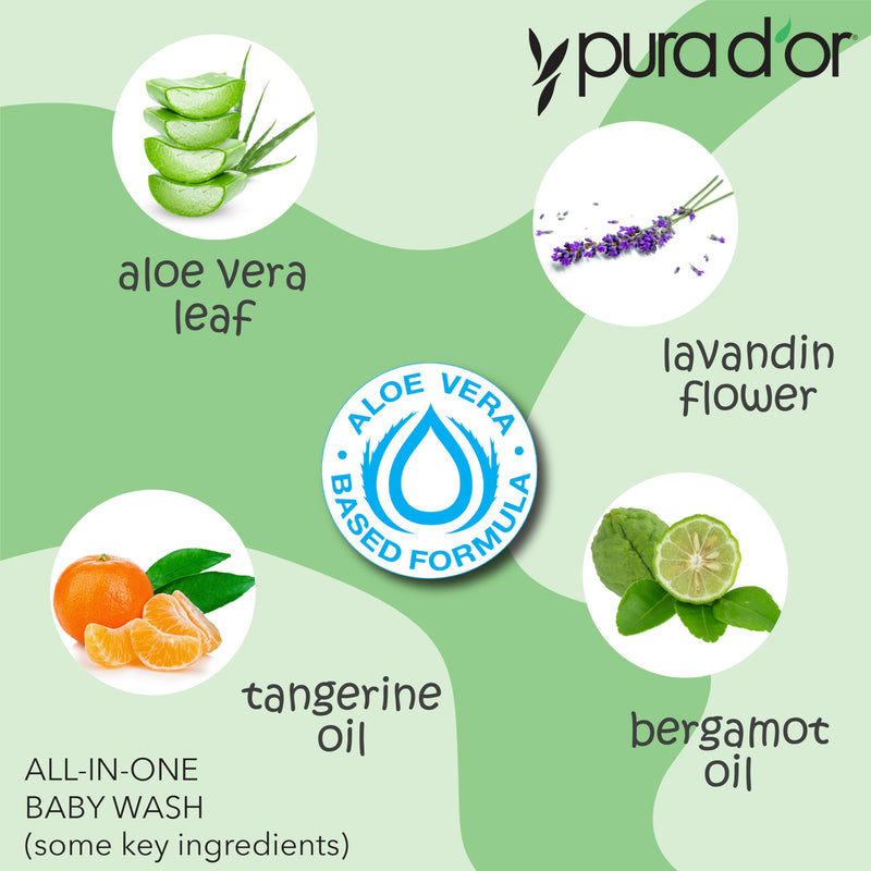 PURA D'OR 16 Oz All-in-One Calming Baby Wash & Shampoo - Tear-Free, Sulfate-Free, Aloe Vera