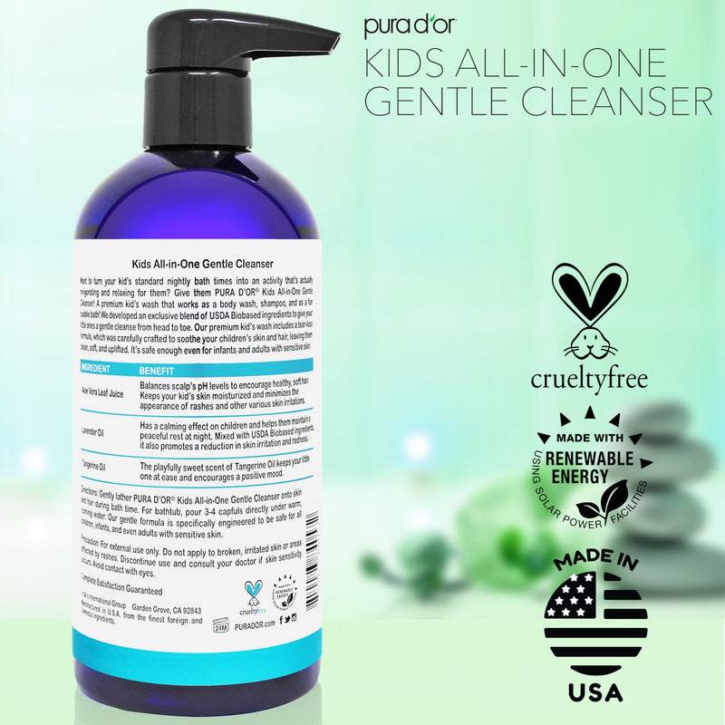PURA D'OR 16 Oz Kids Wash - All-in-One Gentle Cleanser | Tear-Free, Hypoallergenic, Sulfate-Free