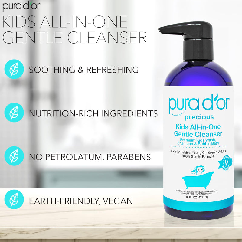 PURA D'OR 16 Oz Kids Wash - All-in-One Gentle Cleanser | Tear-Free, Hypoallergenic, Sulfate-Free