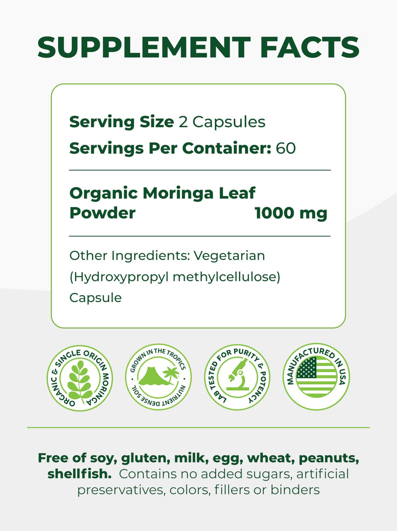 PURA VIDA MORINGA Capsules Single Origin Moringa Powder Organic. Pure Moringa Leaf. Energy, Metabolism, & Immune Support. 120ct. 500mg Caps.