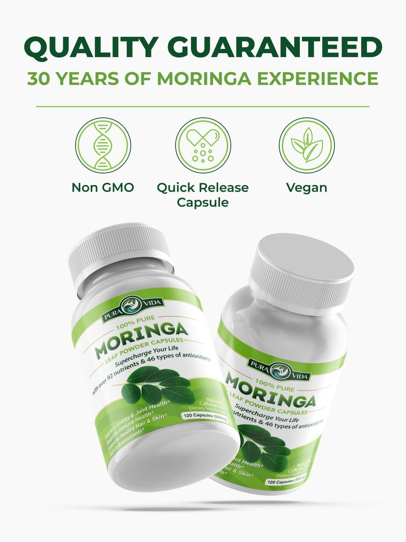 PURA VIDA MORINGA Capsules — Single Origin Organic Moringa Powder, 120 Count (500 mg) — Pack of 2