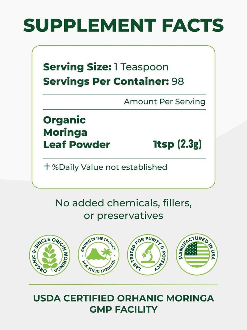 PURA VIDA Moringa Powder Organic – Single Origin Moringa Leaf Powder (USDA Organic) 8 oz