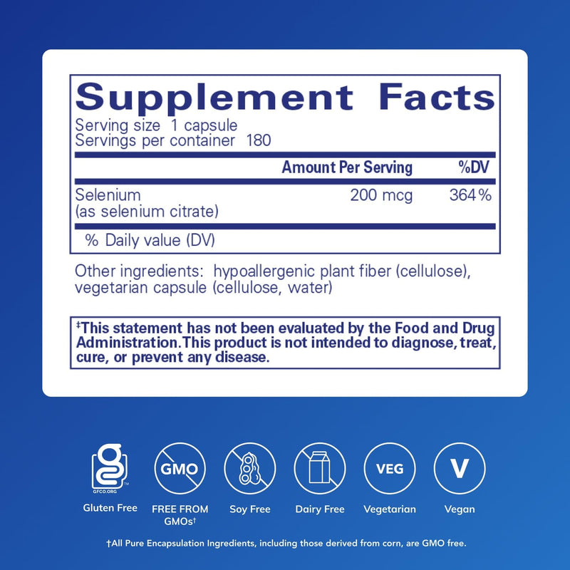 Pure Encapsulations Selenium (Citrate) – Immune Support, Antioxidant Health, Gluten Free & Vegan | 180 Capsules