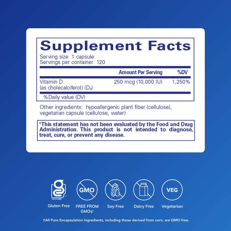 Pure Encapsulations Vitamin D3 250 mcg (10,000 IU) | Bone, Immune & Heart Support – 120 Capsules