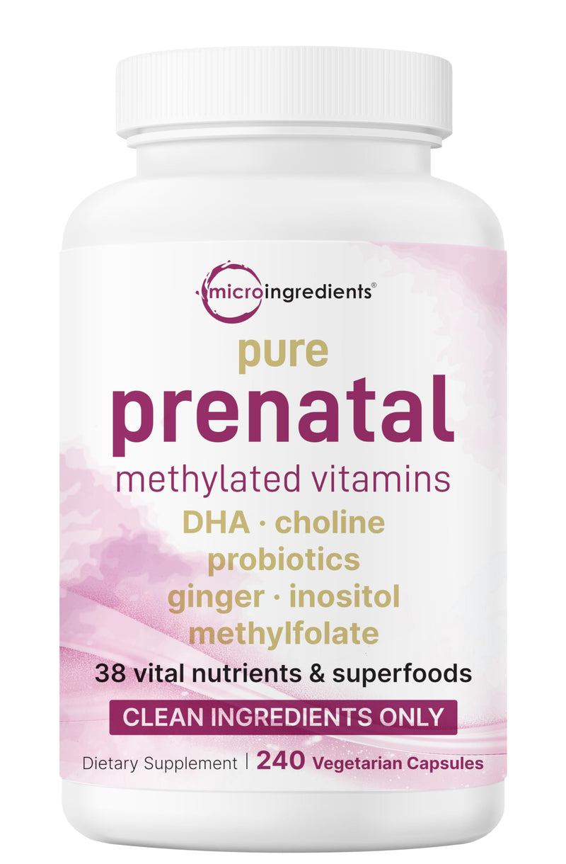 Pure Methylated Prenatal Vitamins for Women — 240 Veggie Capsules | 38 Vital Nutrients with DHA, Choline, Probiotics, Ginger, Inositol, & Methylfolate + Iron | No Fillers